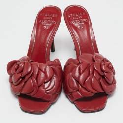 Pre Owned Valentino Red Leather Rose Atelier 03 Slide Sandals Size 36.5