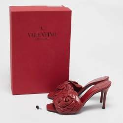 Pre Owned Valentino Red Leather Rose Atelier 03 Slide Sandals Size 36.5