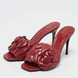 Pre Owned Valentino Red Leather Rose Atelier 03 Slide Sandals Size 36.5