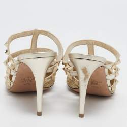 Valentino Gold Woven Lurex Fabric Rockstud Heel Mules Size 40.5
