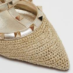 Valentino Gold Woven Lurex Fabric Rockstud Heel Mules Size 40.5