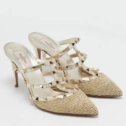 Valentino Gold Woven Lurex Fabric Rockstud Heel Mules Size 40.5
