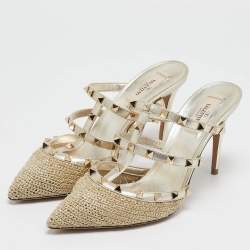 Valentino Gold Woven Lurex Fabric Rockstud Heel Mules Size 40.5