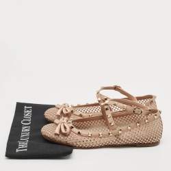 مملوكة مسبقًا Valentino Beige Mesh and Satin Crystal Embellished Rockstud Ballet Flats Size 39.5