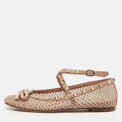 مملوكة مسبقًا Valentino Beige Mesh and Satin Crystal Embellished Rockstud Ballet Flats Size 39.5
