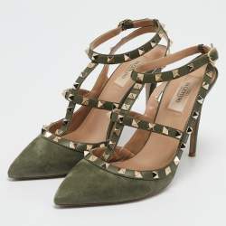 Pre Owned Valentino Olive Green Suede and Leather Rockstud Caged Pumps Size 40