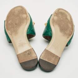 Pre Owned Valentino Green Quilted Leather Roman Stud Flat Slides Size 40