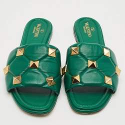 Pre Owned Valentino Green Quilted Leather Roman Stud Flat Slides Size 40