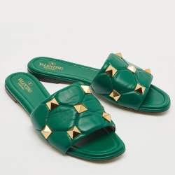 Pre Owned Valentino Green Quilted Leather Roman Stud Flat Slides Size 40