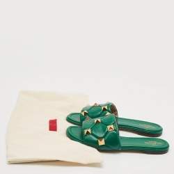 Pre Owned Valentino Green Quilted Leather Roman Stud Flat Slides Size 40