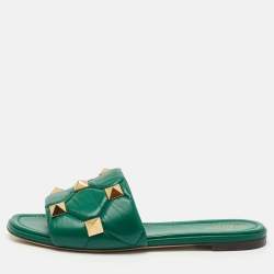 Pre Owned Valentino Green Quilted Leather Roman Stud Flat Slides Size 40