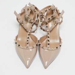 Valentino Beige/Pink Patent Leather and Leather Rockstud Ankle Strap Pumps Size 39.5