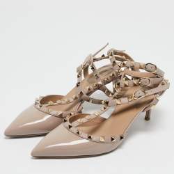 Valentino Beige/Pink Patent Leather and Leather Rockstud Ankle Strap Pumps Size 39.5