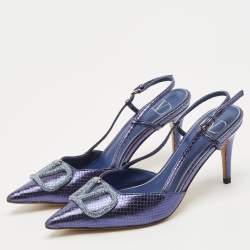 Pre Owned Valentino Blue Snakeskin Embossed Leather VLogo Slingback  Pumps Size 37