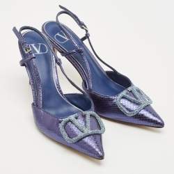 Pre Owned Valentino Blue Snakeskin Embossed Leather VLogo Slingback  Pumps Size 37
