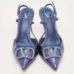 Pre Owned Valentino Blue Snakeskin Embossed Leather VLogo Slingback  Pumps Size 37