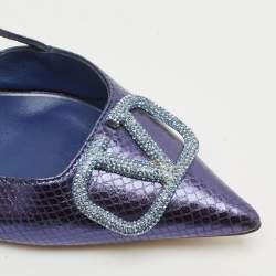 Pre Owned Valentino Blue Snakeskin Embossed Leather VLogo Slingback  Pumps Size 37