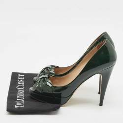 Pre Owned Valentino Green Patent Leather Knotted Bow Peep Toe Pumps Size 39.5