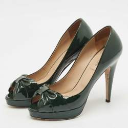 Pre Owned Valentino Green Patent Leather Knotted Bow Peep Toe Pumps Size 39.5
