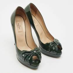 Pre Owned Valentino Green Patent Leather Knotted Bow Peep Toe Pumps Size 39.5