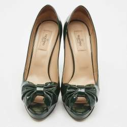 Pre Owned Valentino Green Patent Leather Knotted Bow Peep Toe Pumps Size 39.5