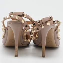 Pre Owned Valentino Beige Leather Rockstud Ankle Strap Pumps Size 37