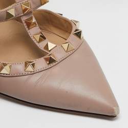 Pre Owned Valentino Beige Leather Rockstud Ankle Strap Pumps Size 37