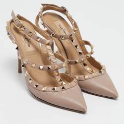 Pre Owned Valentino Beige Leather Rockstud Ankle Strap Pumps Size 37