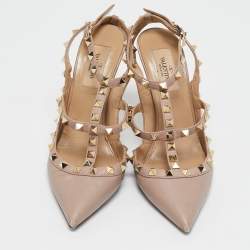 Pre Owned Valentino Beige Leather Rockstud Ankle Strap Pumps Size 37