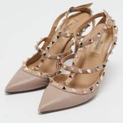 Pre Owned Valentino Beige Leather Rockstud Ankle Strap Pumps Size 37