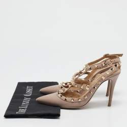 Pre Owned Valentino Beige Leather Rockstud Ankle Strap Pumps Size 37