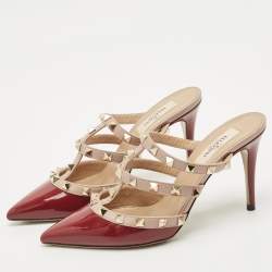 Pre Owned Valentino Burgundy/Beige Patent and Leather Rockstud Mule Sandals Size 36