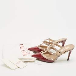 Pre Owned Valentino Burgundy/Beige Patent and Leather Rockstud Mule Sandals Size 36