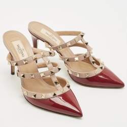 Pre Owned Valentino Burgundy/Beige Patent and Leather Rockstud Mule Sandals Size 36