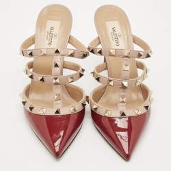 Pre Owned Valentino Burgundy/Beige Patent and Leather Rockstud Mule Sandals Size 36