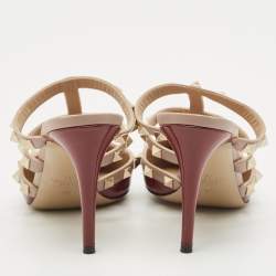 Pre Owned Valentino Burgundy/Beige Patent and Leather Rockstud Mule Sandals Size 36