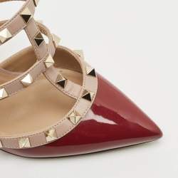 Pre Owned Valentino Burgundy/Beige Patent and Leather Rockstud Mule Sandals Size 36