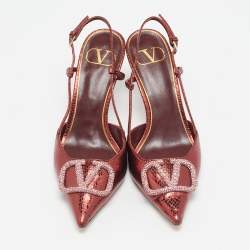 Valentino Metallic Snakeskin Embossed Leather VLogo Slingback Pumps Size 37