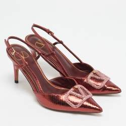 Valentino Metallic Snakeskin Embossed Leather VLogo Slingback Pumps Size 37