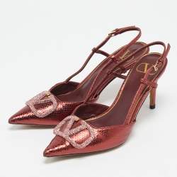 Valentino Metallic Snakeskin Embossed Leather VLogo Slingback Pumps Size 37