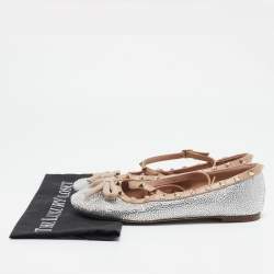 Valentino Beige/Silver Leather Crystal Embellished Rockstud Ballet Flats Size 39.5