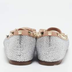 Valentino Beige/Silver Leather Crystal Embellished Rockstud Ballet Flats Size 39.5