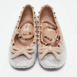 Valentino Beige/Silver Leather Crystal Embellished Rockstud Ballet Flats Size 39.5