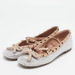Valentino Beige/Silver Leather Crystal Embellished Rockstud Ballet Flats Size 39.5