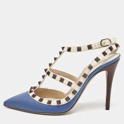Valentino Blue/White Leather Rockstud Caged Ankle Strap Pumps Size 39