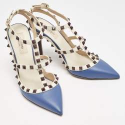 Valentino Blue/White Leather Rockstud Caged Ankle Strap Pumps Size 39