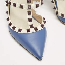 Valentino Blue/White Leather Rockstud Caged Ankle Strap Pumps Size 39
