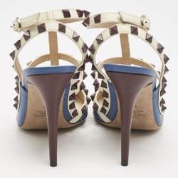 Valentino Blue/White Leather Rockstud Caged Ankle Strap Pumps Size 39