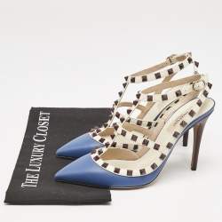 Valentino Blue/White Leather Rockstud Caged Ankle Strap Pumps Size 39