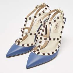 Valentino Blue/White Leather Rockstud Caged Ankle Strap Pumps Size 39